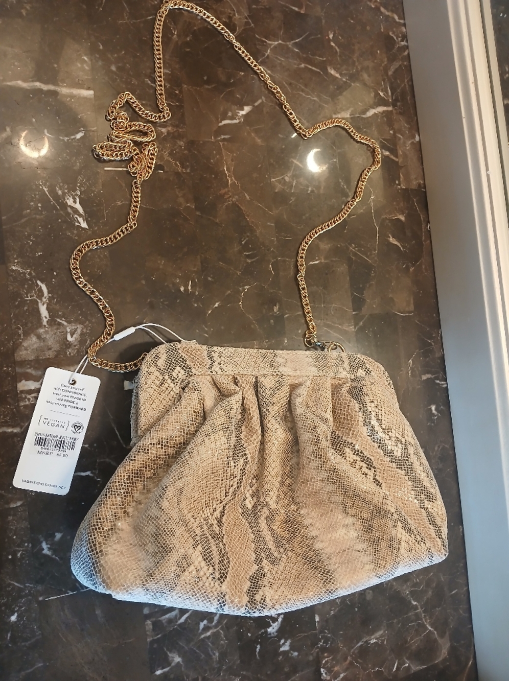 Urban Expressions Vegan Snake-Print Crossbody in Beige and Black with Gold Chain - Picture 7 of 14